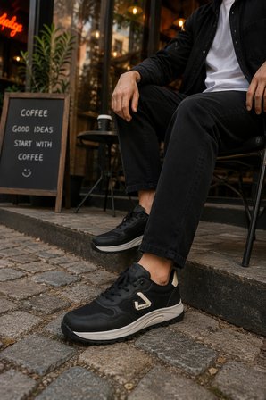 Mamba Erkek Günlük Spor Ayakkabı Bağcıklı Rahat Tabanlı Casual Sneaker Siyah-Bej