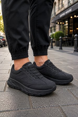 Quantum Erkek Günlük Spor Ayakkabı Rahat Tabanlı Bağcıklı Hafif Casual Sneaker - Siyah