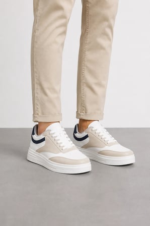 Gece Erkek Bağcıklı Günlük Sneaker Spor Ayakkabı Beyaz-Bej