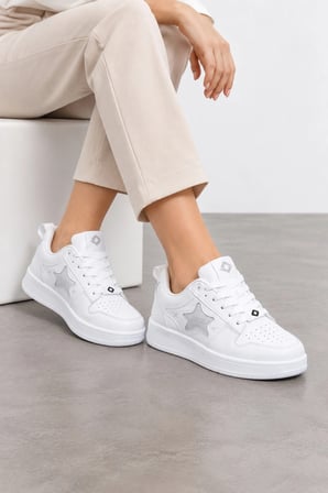 Rhino Kadın Yıldız Detaylı Bağcıklı Günlük Sneaker Ayakkabı - Beyaz