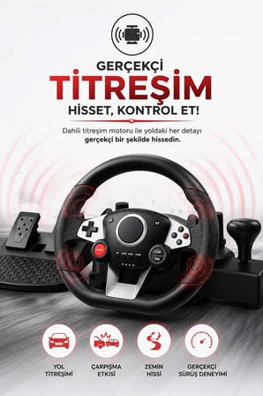 270° Titreşimli Yarış Direksiyon Seti – Pedal, Vites Kolu ve El Frenli Sürüş Simülatörü
