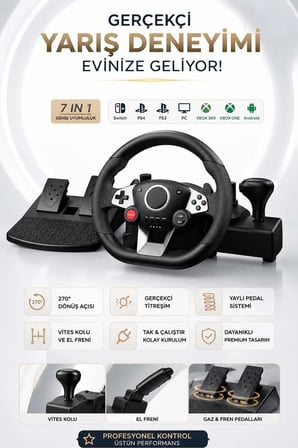 270° Titreşimli Yarış Direksiyon Seti – Pedal, Vites Kolu ve El Frenli Sürüş Simülatörü