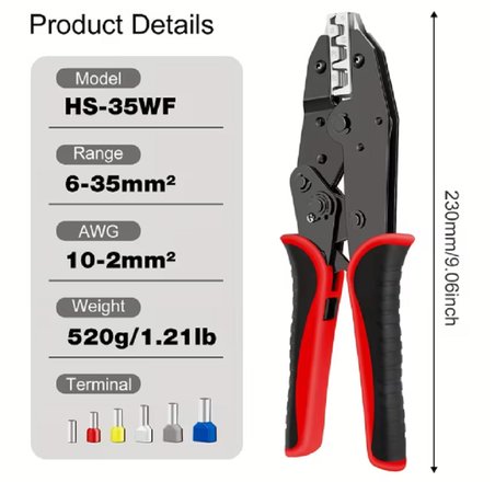 HS-35WF 6–35 MM² (AWG 10-2) KABLO UCU BAĞLANTI ELEMANLARI CIRCIRLI SIKMA PENSESİ