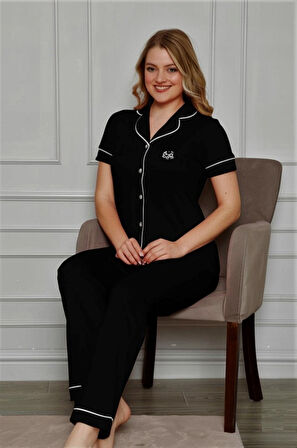 Kadın Gömlek Yaka Önden Düğmeli Beyaz Biyeli Kısa Kol Cepli Pijama Takımı