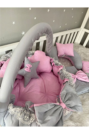 Gri-pembe Kombin Tasarımlı Lüx Babynest Oyun Minderi 8 Parça Set
