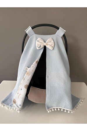 Mavi Waffle Pike ve Müslin Tasarım Ponponlu Puset Örtüsü