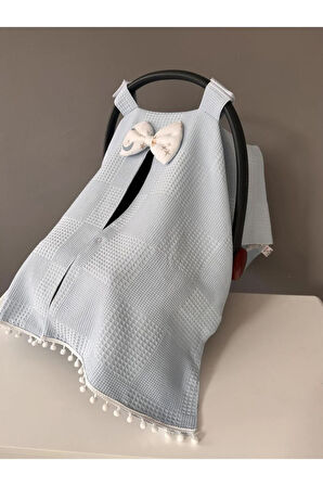 Mavi Waffle Pike ve Müslin Tasarım Ponponlu Puset Örtüsü