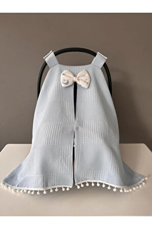 Mavi Waffle Pike ve Müslin Tasarım Ponponlu Puset Örtüsü