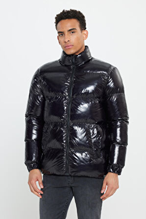 Erkek Siyah Standart Fit Normal Kesim Dik Yaka Mont