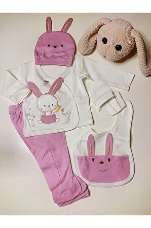 Tavşan detaylı kız bebek hastane çıkışı set