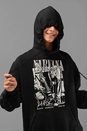 Nirvana Kurt Cobain 1982-94 Baskılı Unisex Oversize Rock Metal Hoodie
