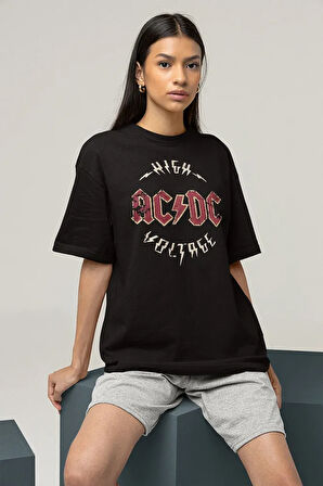 High AC DC Voltage Baskılı Unisex Oversize Rock Metal Tişört