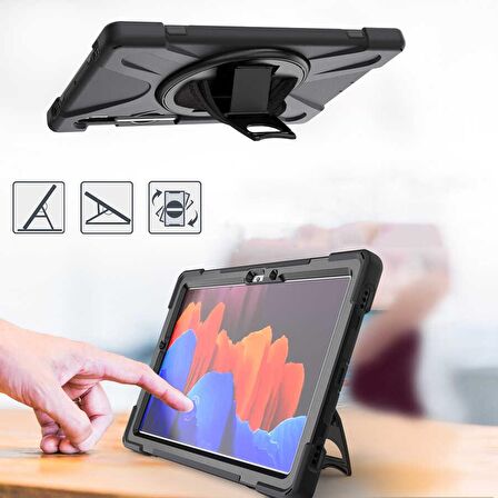 Galaxy Tab S7 FE LTE (T737-T736-T733-T730) Uyumlu 360° Dönebilen Standlı Sağlam El-Omuz Askılı Defender Tablet Kılıfı