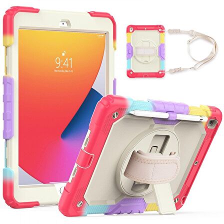 Apple iPad 9.7 inç 2017 2018 (5.6.Nesil) Ekran Koruyuculu Kalemlikli Gökkuşağı Renkli Strap Tablet Kılıfı 360° Dönebilen Kılıf