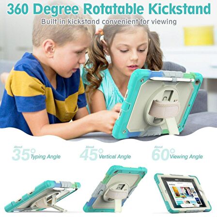 Apple iPad 9.7 inç 2017 2018 (5.6.Nesil) Ekran Koruyuculu Kalemlikli Gökkuşağı Renkli Strap Tablet Kılıfı 360° Dönebilen Kılıf