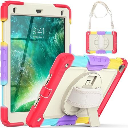 Apple iPad Air 2 9.7 inç Uyumlu Askılı Ekran Koruyuculu Kalemlikli Gökkuşağı Renkli Strap Tablet Kılıfı 360° Dönebilen Kılıf