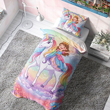 Unicorn Üstündeki Prenses Çocuk Nevresim Takımı (Çarşafsız)