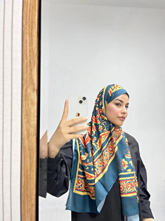 Aminenesil Etnik Desen Petrol Sarı Renk Soft Pamuk Şal