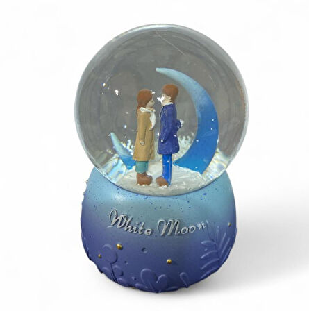 8 cm Müzikli Işıklı  Ay Işığında Romantik Çiftler Kar Küresi 7702