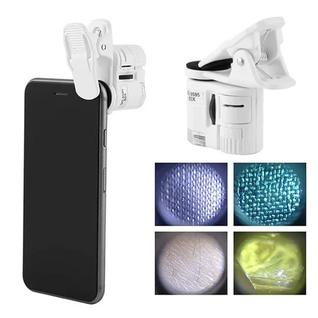 Probitki 60x Klipsli Mini Büyüteç LED ve UV Işıklı Telefon Mikroskobu