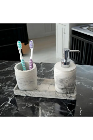 Marble 3'lü Banyo Seti, Sıvı Sabunluk Diş Fırçalığı Beton Aksesuar Takım