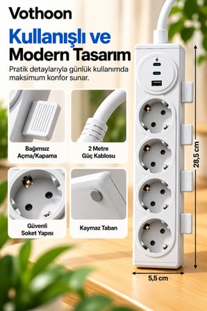 Vothoon 4’lü Akıllı Priz Tek Dokunuşla Fiş Çıkarma 2 Metre Kablo 2 Type-C + USB 15W Hızlı Şarj 3680W Krem