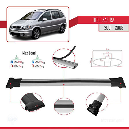 Opel Zafira A (T98) 2001-2005 Arası ile Uyumlu FLY Model Ara Atkı Tavan Barı Gri 2 Adet