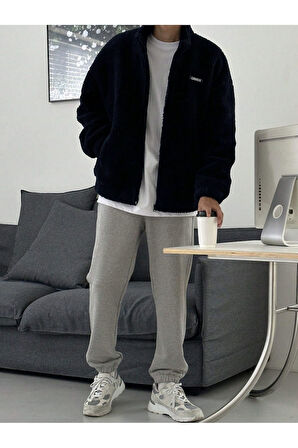 Oversize Peluş Tam Fermuarlı Sweatshirt Peluş İçi Polarlı Sherpa Kumaş Sweatshirt