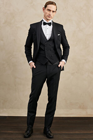 Erkek Siyah Slim Fit Dar Kesim Mono Yaka Desenli Yelekli Smokin Takım
