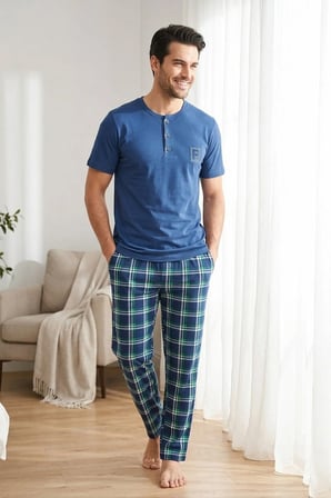 Erkek Lacivert Viskon Karışımlı Kısa Kollu Yazlık Soft Pijama Takımı
