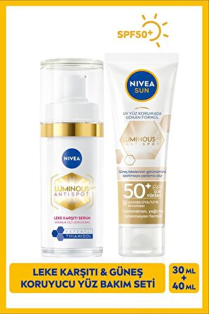 SUN Luminous630 Yüz Bakım Kremi 40ml, SPF50 ve Thiamidol Etkili Leke Karşıtı Cilt Serumu 30ml, Aydınlık Cilt