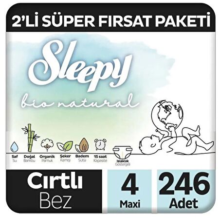 Sleepy Bio Natural Premium Plus 2'li Süper Fırsat Paketi Bebek Bezi 4 Numara Maxi 246 Adet