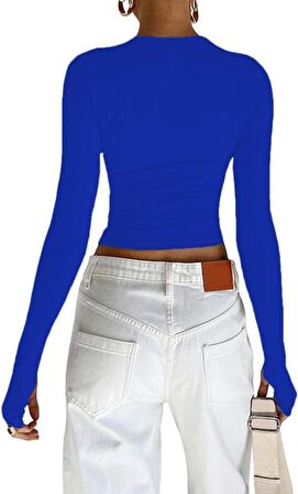 Mavi Bisiklet Yaka Bluz Darkalıp Ribana Kumaş Parmak Detaylı Basic Body