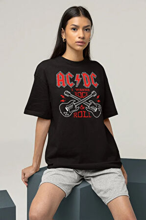 I Wanna Rock & Roll AC DC Baskılı Unisex Oversize Tişört