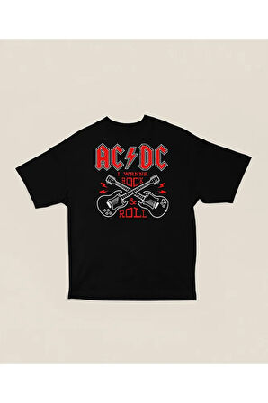 I Wanna Rock & Roll AC DC Baskılı Unisex Oversize Tişört