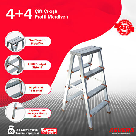 ASVERA - 4+4 Basamaklı Çift Çıkışlı Galvanizli Profil Merdiven (Ev, bahçe, işyeri için uygun)