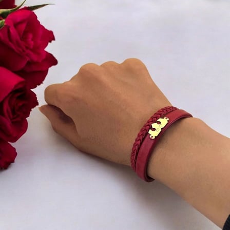 14 Ayar Altın Plakalı Sonsuz Aşk Sembollü Taç Figürlü Doğal Bordo Derili Hediye Bileklik-470