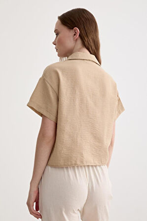 Vos Versa Kadın Keten Dantel Detaylı Kısa Kol Camel Gömlek VVK47031