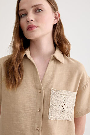 Vos Versa Kadın Keten Dantel Detaylı Kısa Kol Camel Gömlek VVK47031