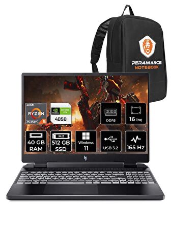 ACER Nitro 16 R5 7535HS 40GB 512GB SSD RTX4050/6GB 165HZ 16'' WUXGA W11H NH.QKBEY.003 & PER4 ÇANTA
