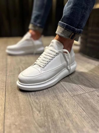 Meverk Cilt Erkek Sneaker Ayakkabı – Kalın Taban Günlük Beyaz
