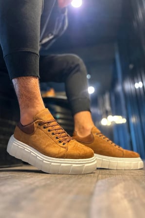 ARES Bağcıklı Süet Erkek Günlük Sneaker Yüksek Taban Ayakkabı - Taba