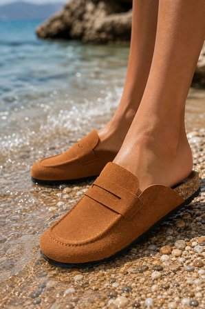 Lavena Hakiki Süet Deri Kadın, Erkek Günlük Loafer – Konforlu Mantar Taban Bağcıksız Taba Terlik