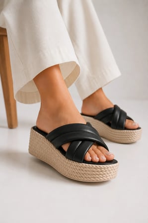 Lalena Kadın Siyah Çapraz Bantlı Dolgu Topuklu Platform Sandalet
