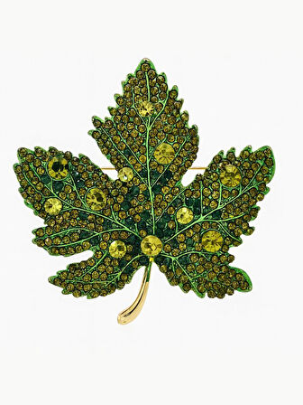 Yeşil Zirkon Taşlı Akağaç Yaprağı Broş