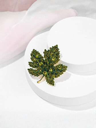 Yeşil Zirkon Taşlı Akağaç Yaprağı Broş