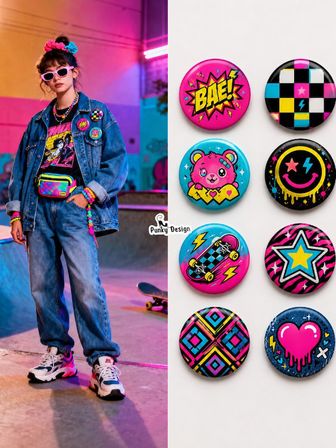 8 li Set-11 Neon Pop Art Rozet Seti Renkli Skate Kawaii Y2K Desenli Broş Pin
