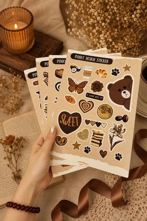 Kahverengi Sticker Seti Vintage Ayıcık Kitap Kahve Çiçek Estetik Etiket-4 sayfa-90 Adet-Kalın Kuşe Kağıt