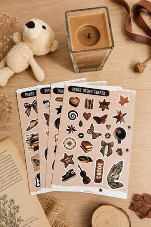 Kahverengi Sticker Seti Vintage Ayıcık Kitap Kahve Çiçek Estetik Etiket-4 sayfa-90 Adet-Kalın Kuşe Kağıt