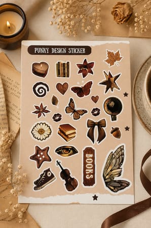 Kahverengi Sticker Seti Vintage Ayıcık Kitap Kahve Çiçek Estetik Etiket-4 sayfa-90 Adet-Kalın Kuşe Kağıt